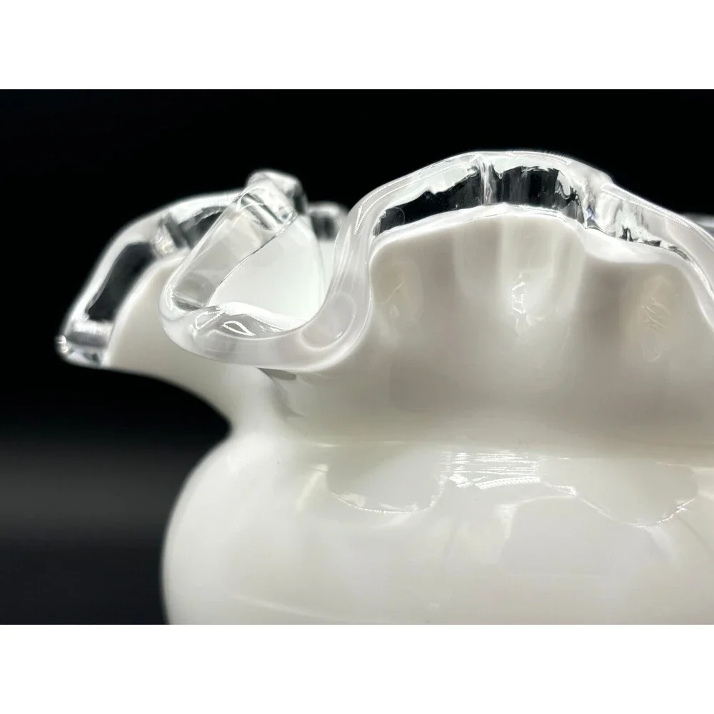 Fenton Opaque White Milk Glass Bowl Vase Small‎ Ruffled Silver Crest Clear Edged